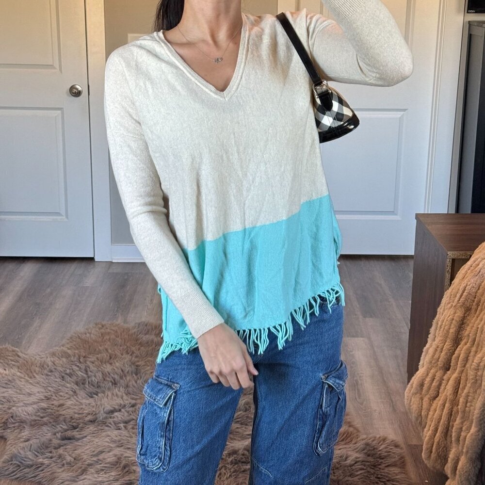 Lilly Pulitzer Cashmere Fringe Sweater Colorblock Cream Teal Coastal Cowgirl S/M